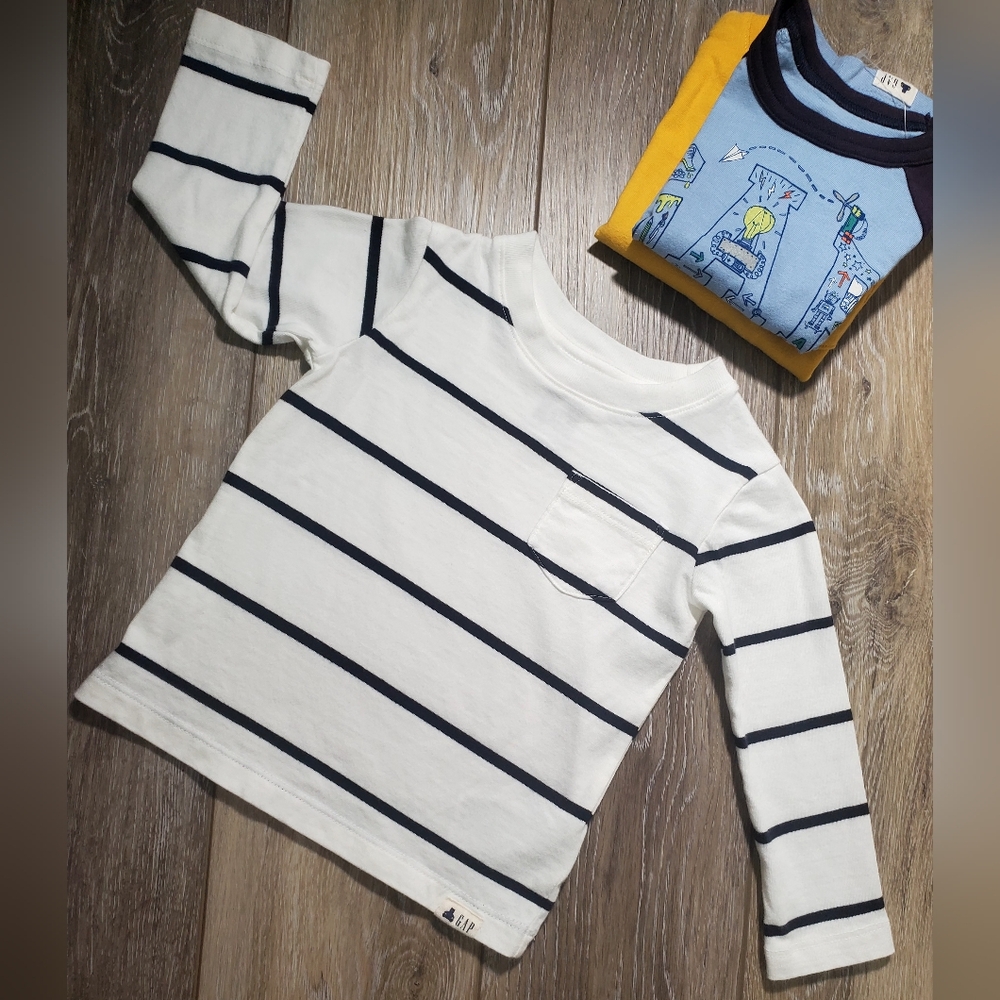 GAP Kids Set Of 3 Long Sleeve Cotton T-Shirts Blue, White, Mustard Yellow 18-24M